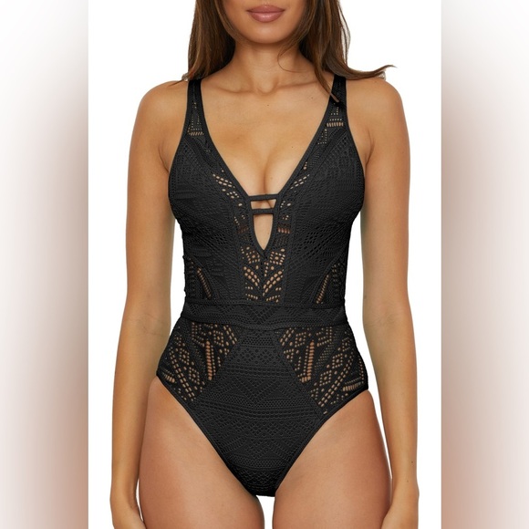 BECCA Color Play One Piece Swimsuit, Plunge Neck, Crochet, Bathing Suits Women M - Picture 1 of 12